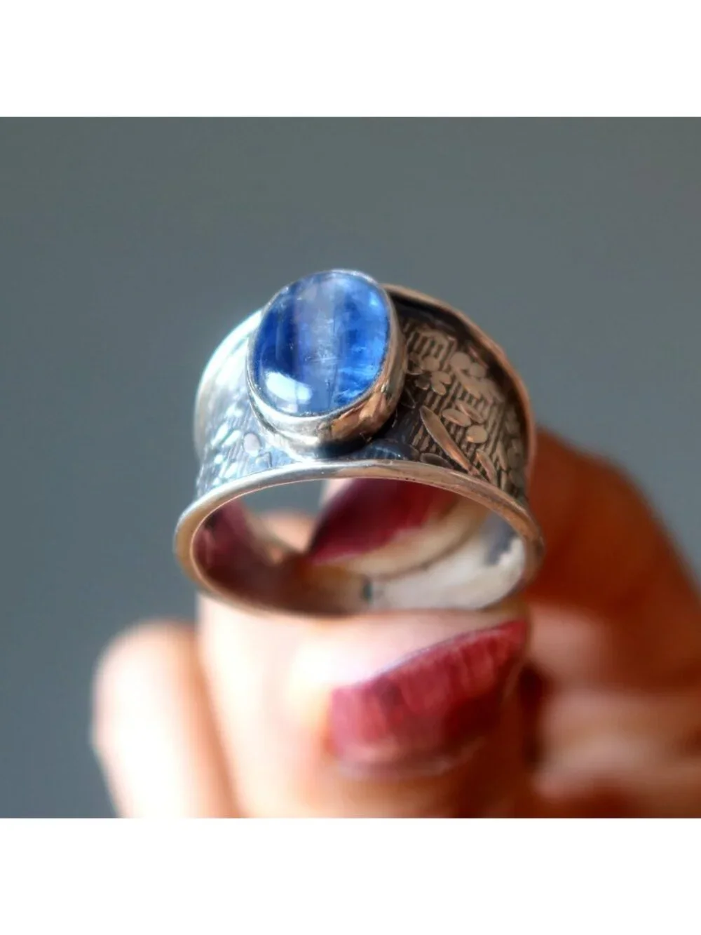 Kyanite Ring Blue Gemstone Sterling Silver Flower Band Size 9.25 Boho Jewelry Gi
